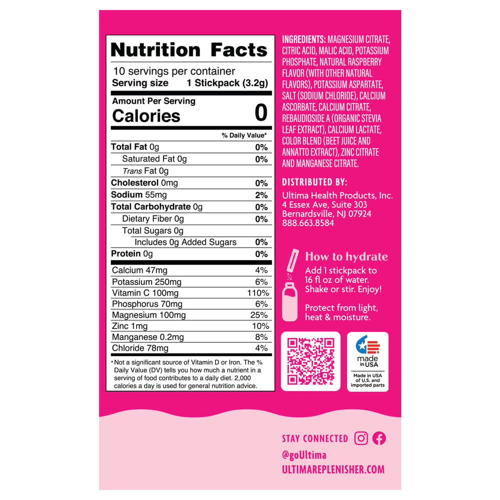 Ultima Replenisher, 6 Essential Electrolytes, ежедневная смесь для приготовления электролитов, малина, 10 пакетиков по 3,2 г (0,11 унции)