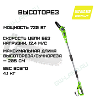 Высоторез/Сучкорез электрический Greenworks Арт. 20147, 720 Вт, 20 см