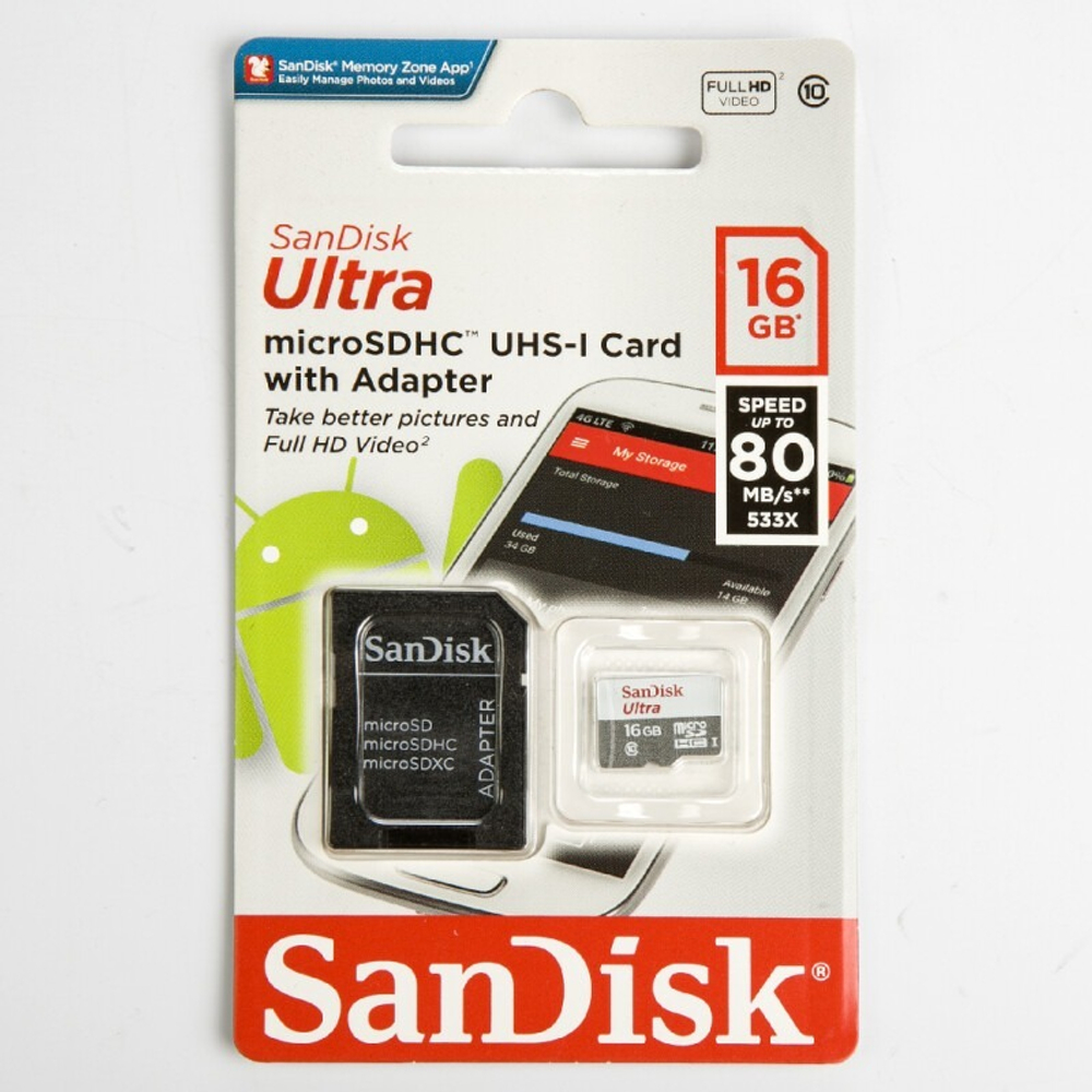 Карта памяти SanDisk 16GB MicroSDHC UHS-I с адаптером