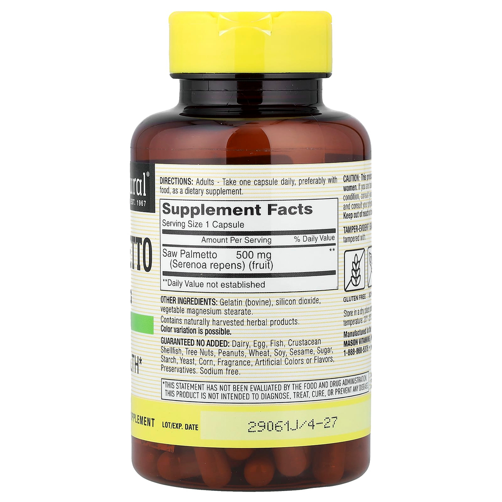 Mason Natural, Цельная трава сереноа, 500 мг, 90 капсул