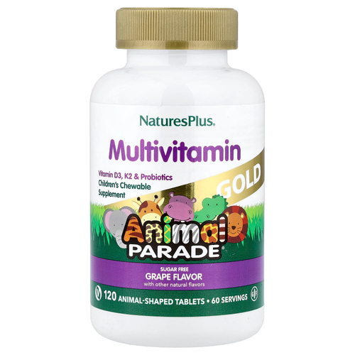 NaturesPlus, Animal Parade® Gold, жевательные мультивитамины для детей, со вкусом винограда, 120 таблеток в форме животных