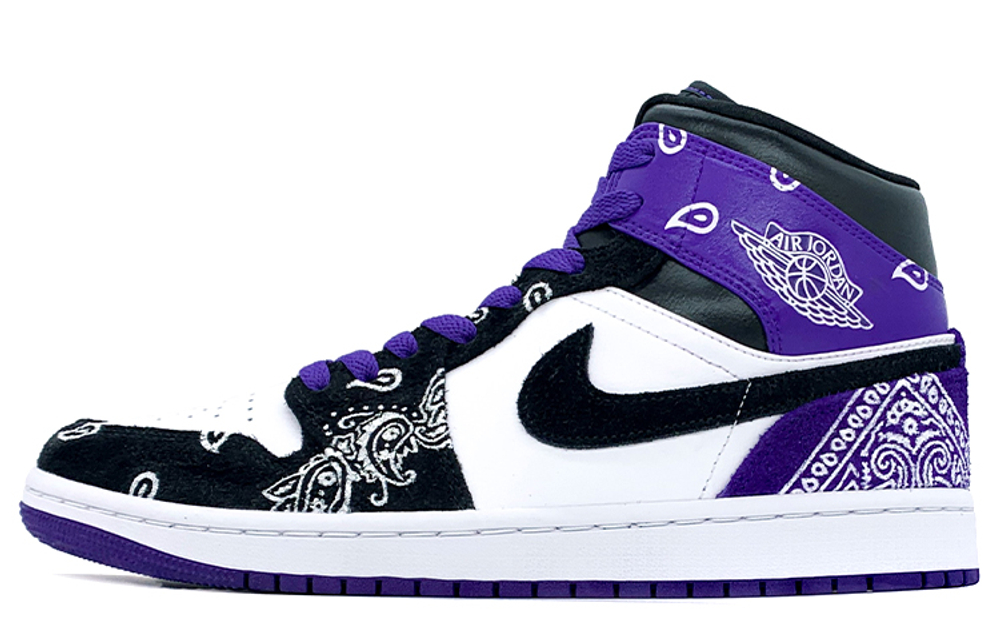 Jordan Air Jordan 1 Mid SE Mid top Vintage Basketball Shoes Unisex Black White Purple