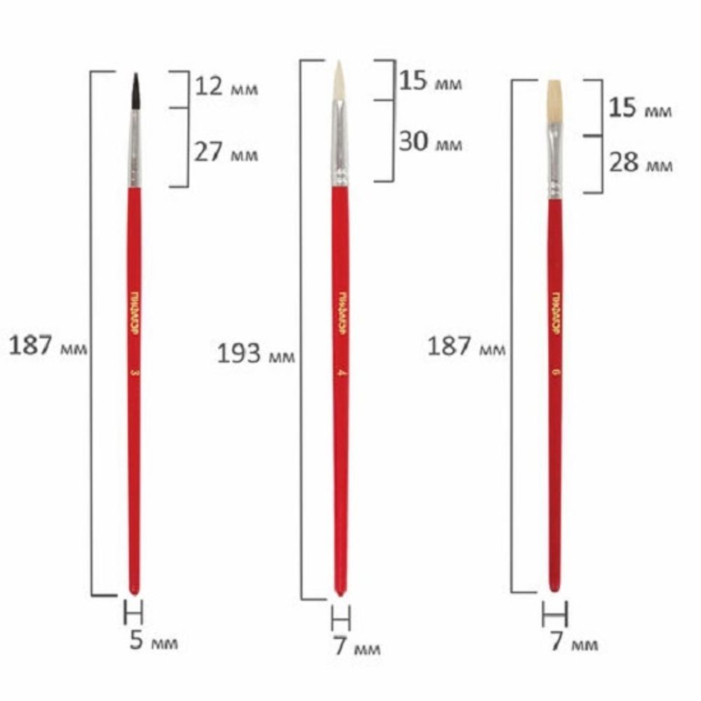 Набор кистей 3шт. белка (3 круглая) коза (4, круглая), щетина (6 плоская)  в блистере, Пифагор