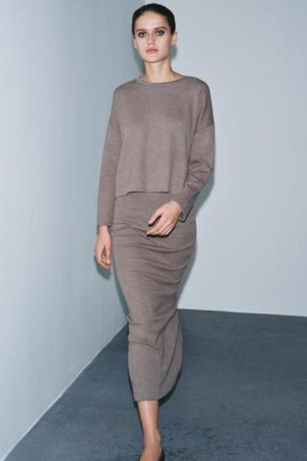 ZARA ЮБКА МИДИ ИЗ МЯГКОЙ ТКАНИ, КОРИЧНЕВЫЙ МЕЛАНЖ