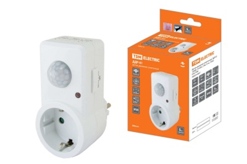 Датчик движения розеточный ДДР-01 1200Bт 10-420с 2-9м 3+Лк IP20 TDM