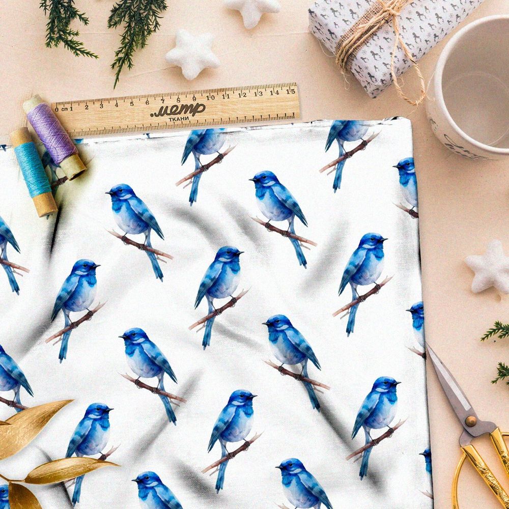 Ткань премиум Оксфорд 600D акварельные синие пичуги