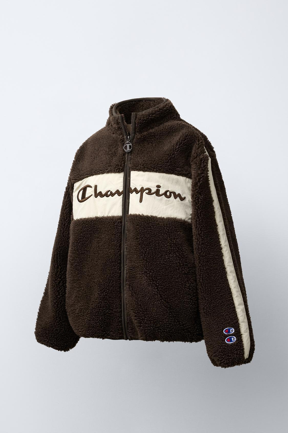 ZARA Х CHAMPION ® КУРТКА ИЗ ИСКУССТВЕННОЙ ОВЧИНЫ С ПОДКЛАДКОЙ ИЗ ПОЛАРФЛИСА, КОРИЧНЕВЫЙ