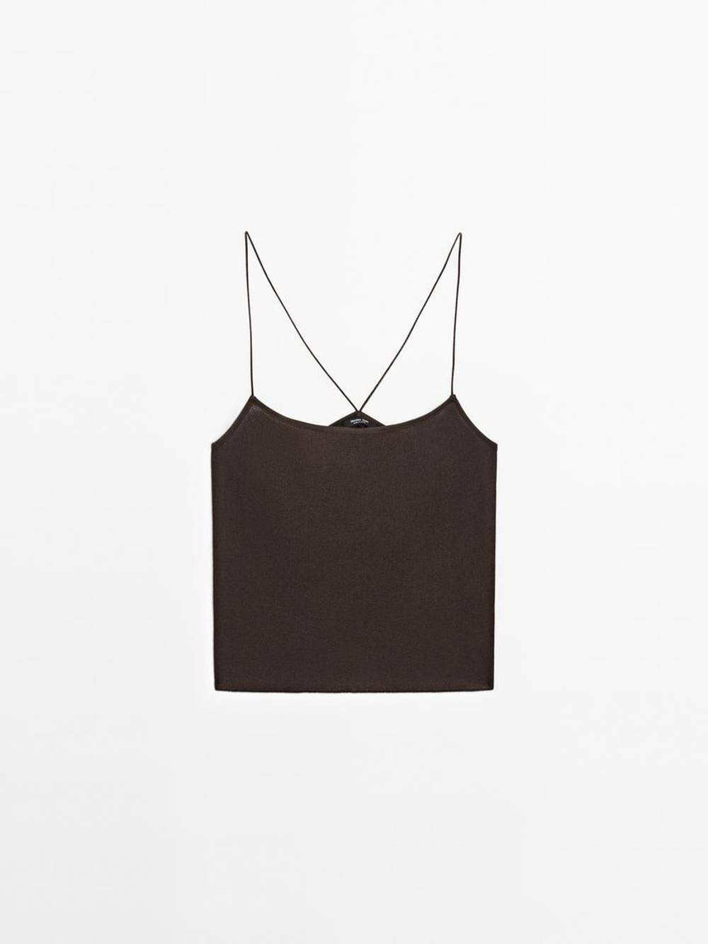 Massimo Dutti Топ на тонких бретелях с рельефным узором, коричневый