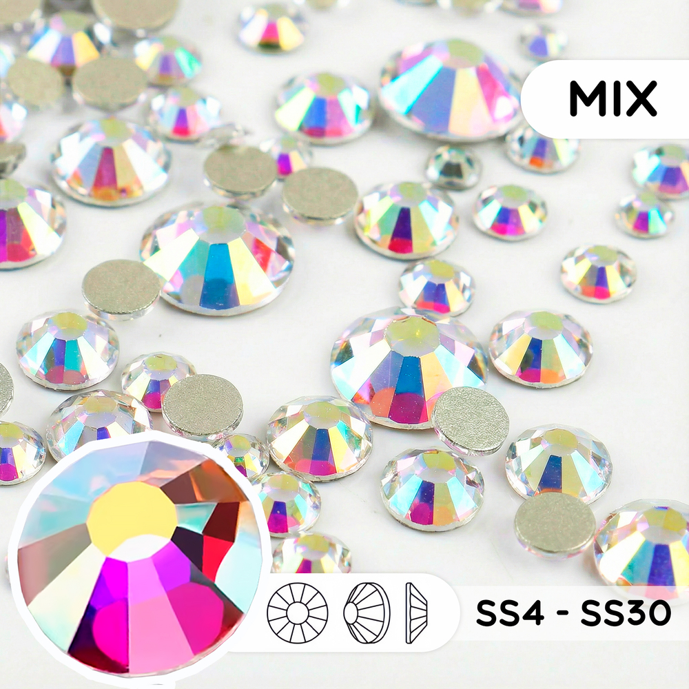 Стеклянные стразы холодной фиксации “Crystal AB” — микс размеров SS4–SS30