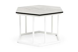 "Женева" интерьерный стол из HPL шестиугольный, D50, H35, цвет "мрамор пепел", каркас из стали белый муар