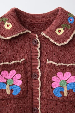 ZARA Х SISSEL EDELBO ТРИКОТАЖНОЕ ПОЛО С ЦВЕТОЧНОЙ ВЫШИВКОЙ, КОРИЧНЕВЫЙ