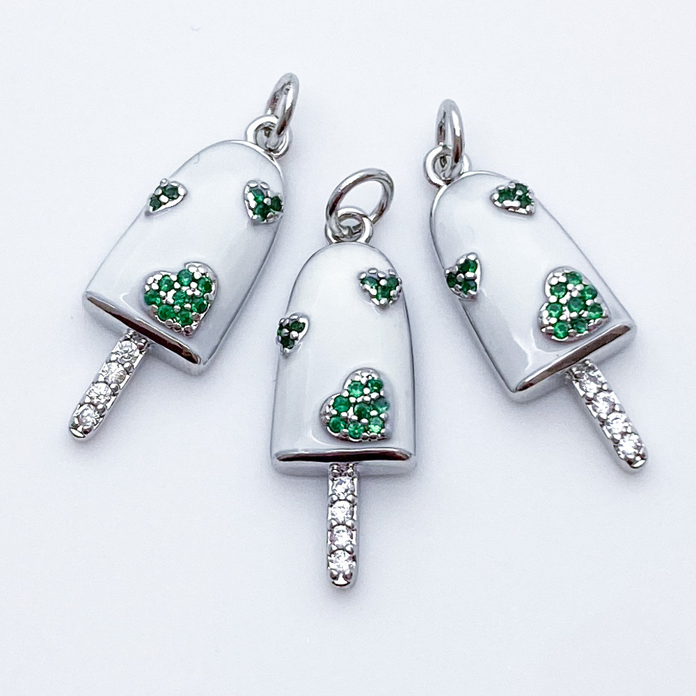 Подвеска Мороженое эскимо, цвет белый+зеленый+серебро, размер 25*9 мм, цена за 1 шт