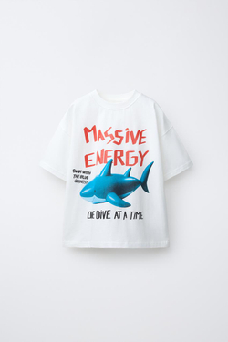 ZARA ФУТБОЛКА С ПРИНТОМ «АКУЛА», БЕЛЫЙ