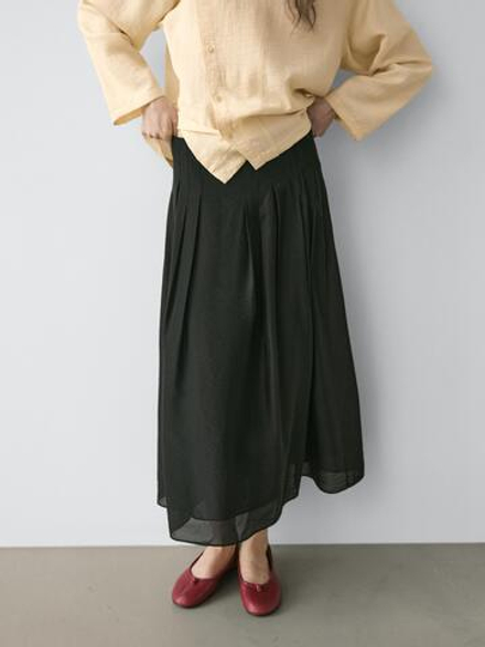 Massimo Dutti Струящаяся юбка миди со складками, черный