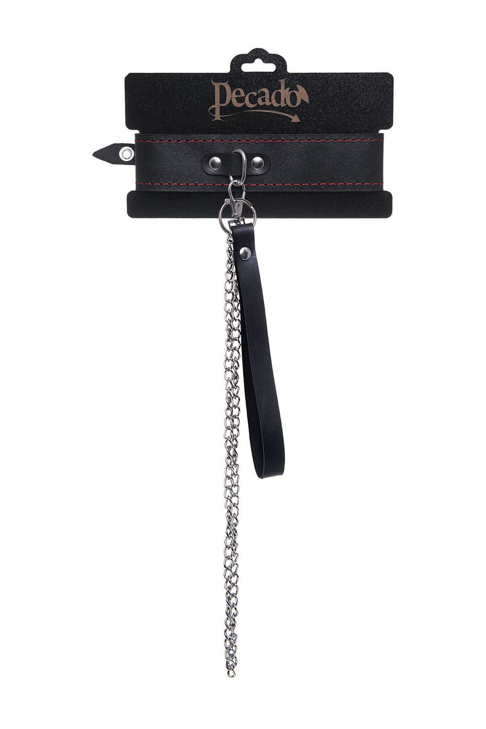 Кожаный двухслойный ошейник с красной строчкой и поводком