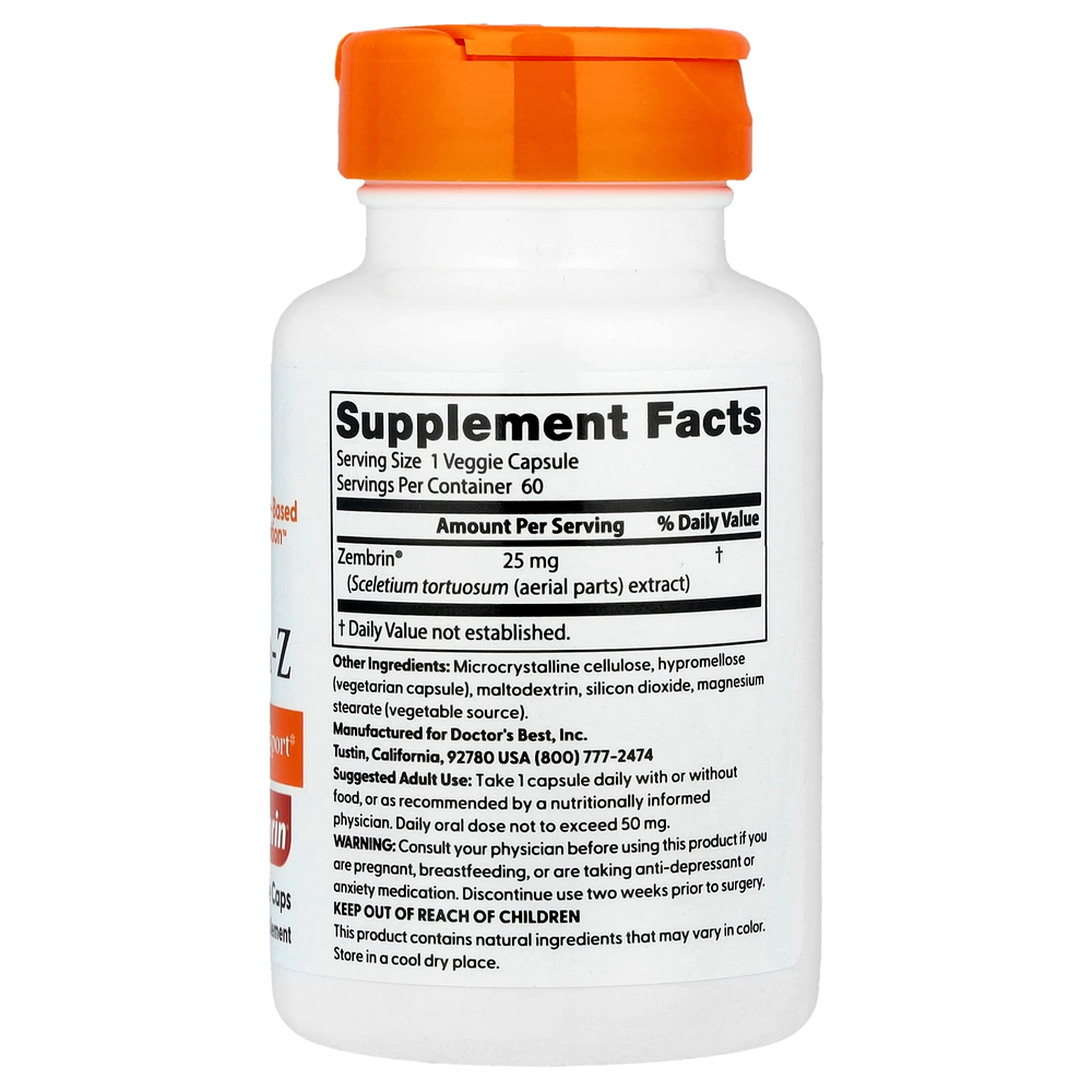 Doctor's Best, Calm-Z с зембрином, 25 мг, 60 растительных капсул