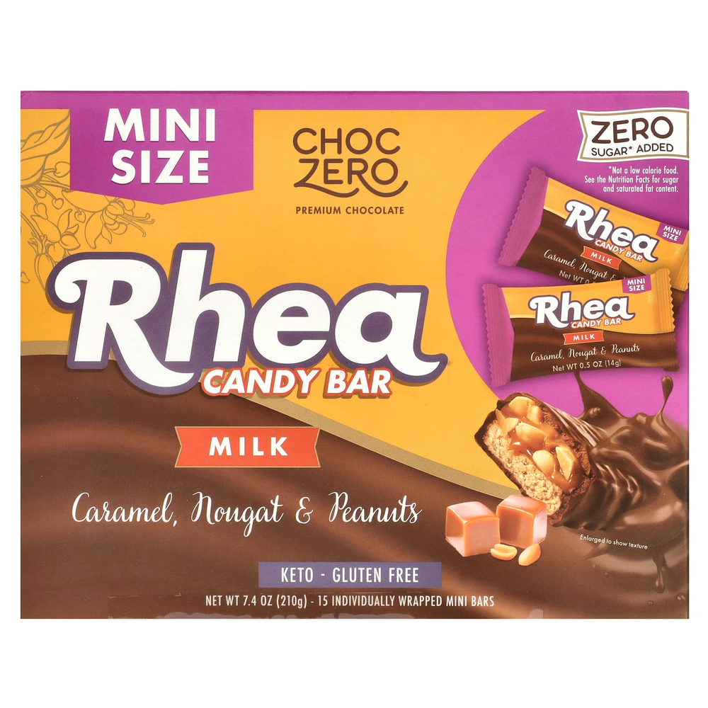ChocZero, Rhea Candy Bar, молоко, карамель, нуга и арахис, 15 батончиков, 14 г (0,5 унции) каждый