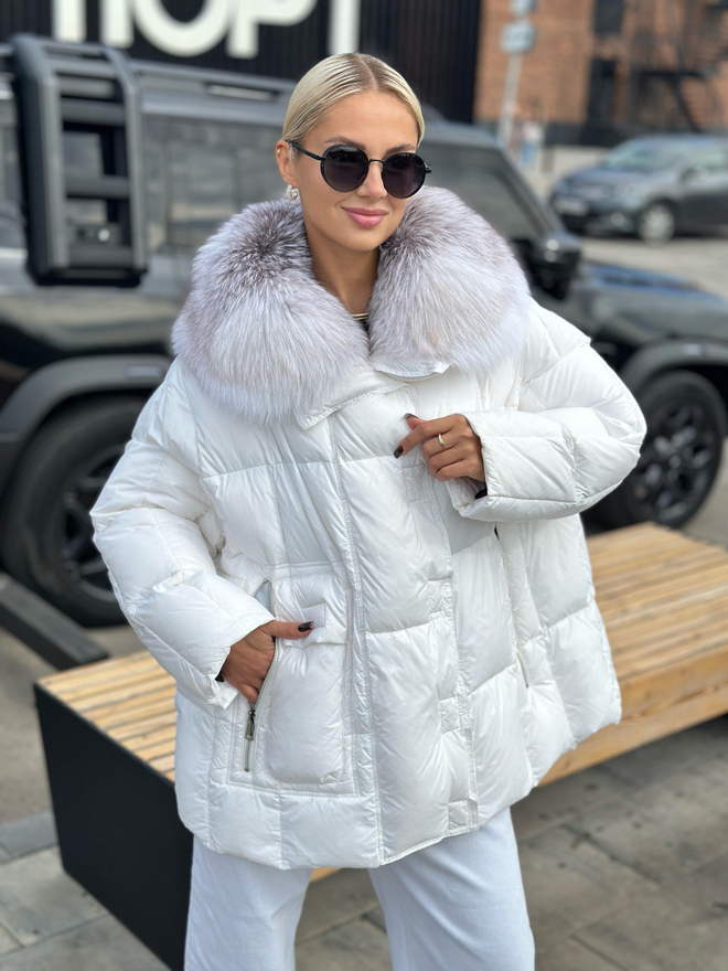 Пуховик - одеялко оверсайз 42-54 с мехом арктической лисы