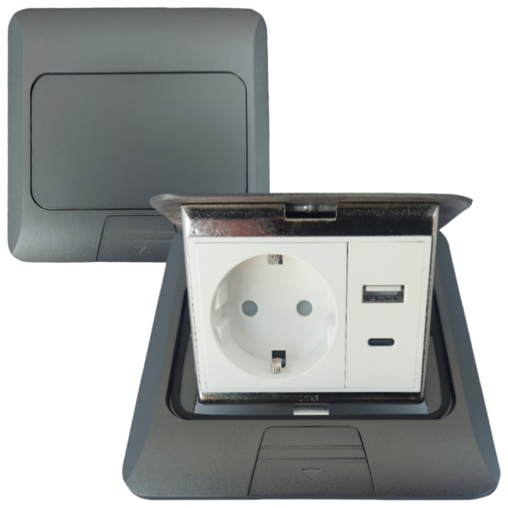 Лючок в пол 1-РОЗЕТКА + USB+TYPE-C (цвет серый)