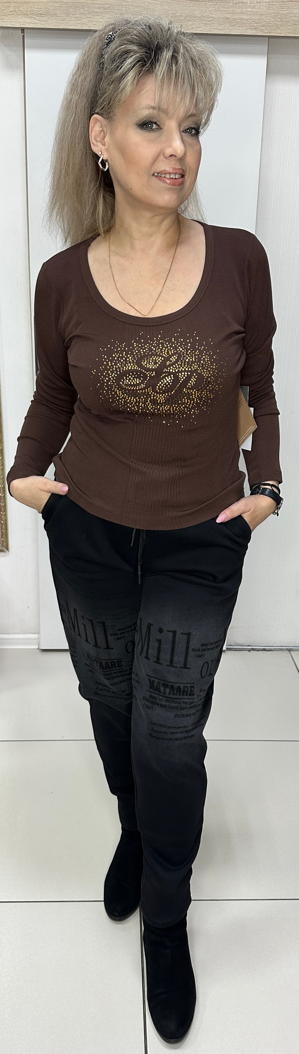 Шелковый австрийский блузон со стразовым принтом