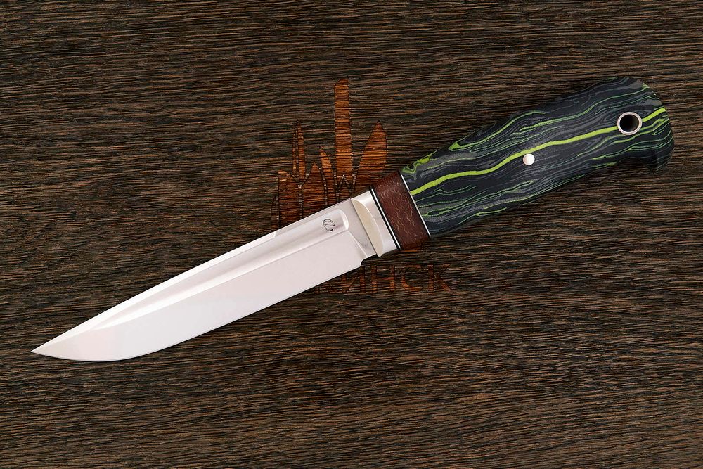 Нож туристический Геннадия Дедюхина Финка, клинок 132мм, сталь N690, рукоять микарта черно-зеленый