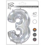 Шар (40''/102 см) Цифра, 3, Серебро, 1 шт. в уп.