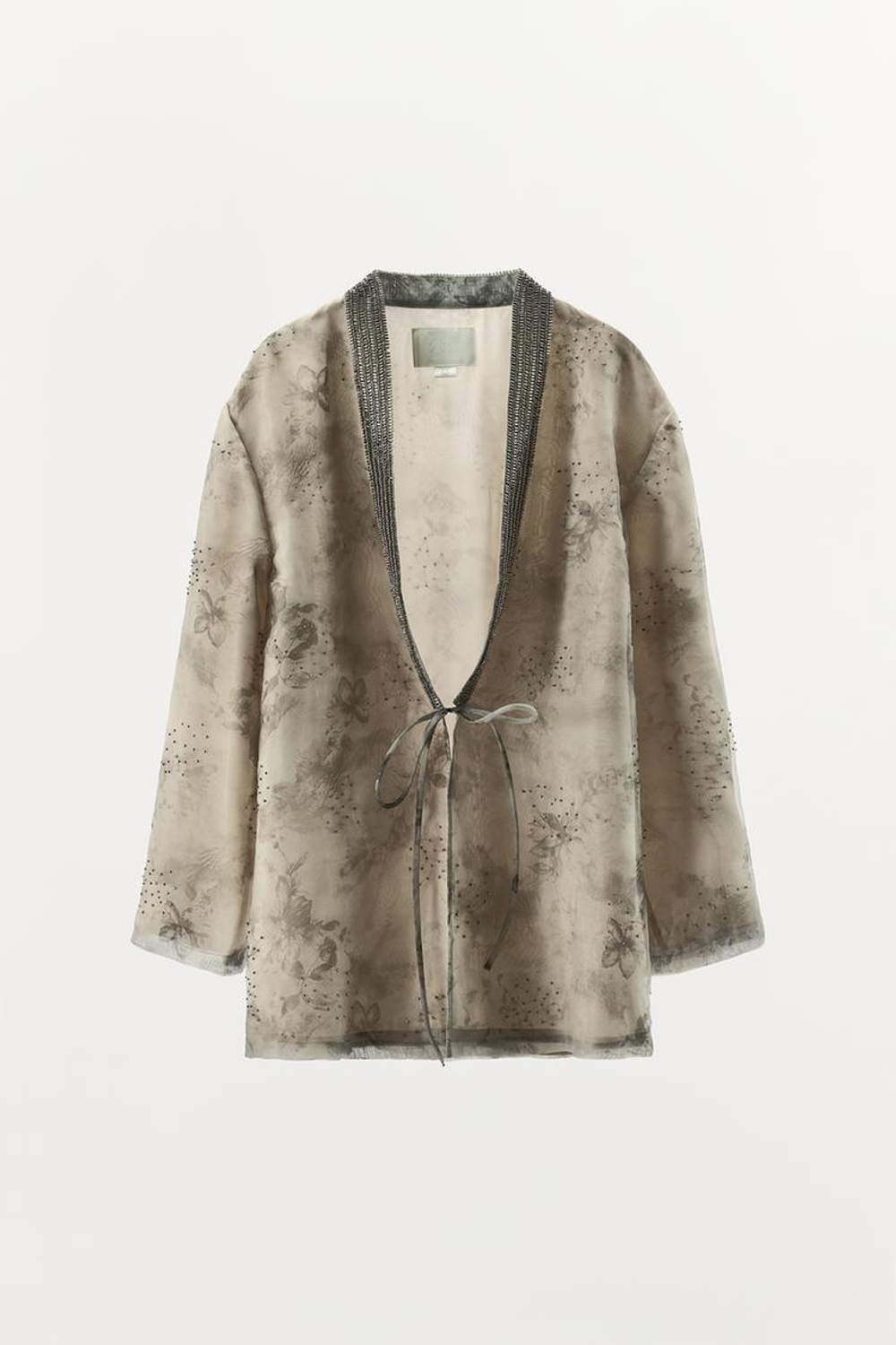 ZARA КИМОНО ИЗ ОРГАНЗЫ С ПРИНТОМ И БУСИНАМИ, СЕРО-КОРИЧНЕВЫЙ