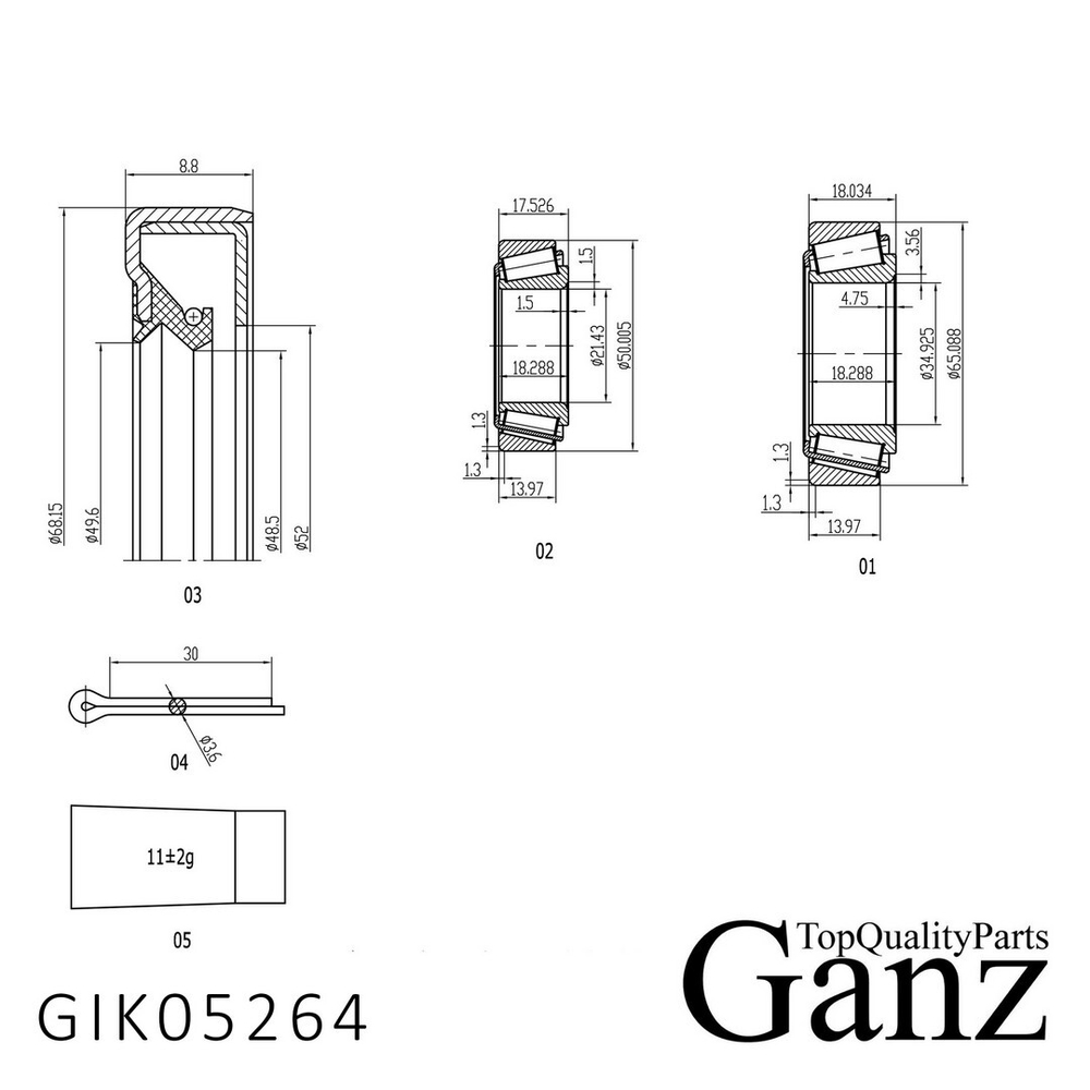 Подшипник ступицы передний TOYOTA Dyna/HiAce/LiteAce/HiLux 01 GANZ GIK05264