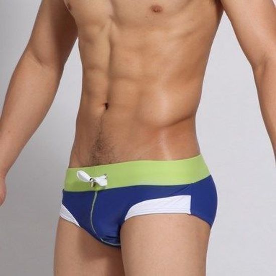 Мужские плавки брифы синие c салатовым поясом  SEOBEAN
