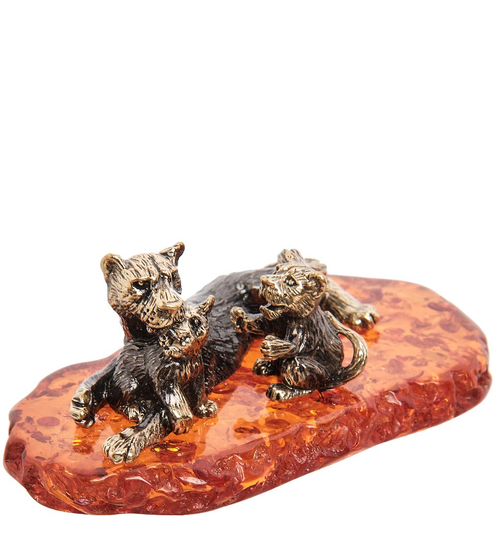 Народные промыслы AM-2255 Фигурка «Львица с малышами» (латунь, янтарь)