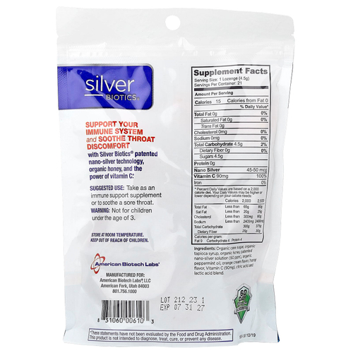 American Biotech Labs, Silver Biotics®, леденцы с витамином C, с апельсиновым вкусом, 21 леденец, 85 г (3 унции)