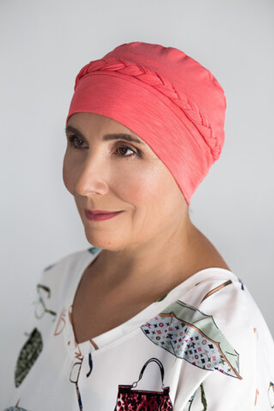 Шапочка КЛЭР с косичкой, тюрбан из хлопка, коралловый Elza Meyger
