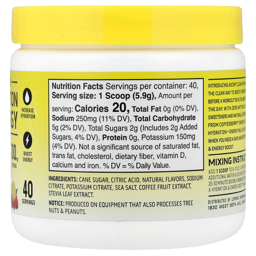 Ascent, Clean Hydration + Energy, Energy Drink Mix, Raspberry Lemonade, 8.32 oz (236 g)