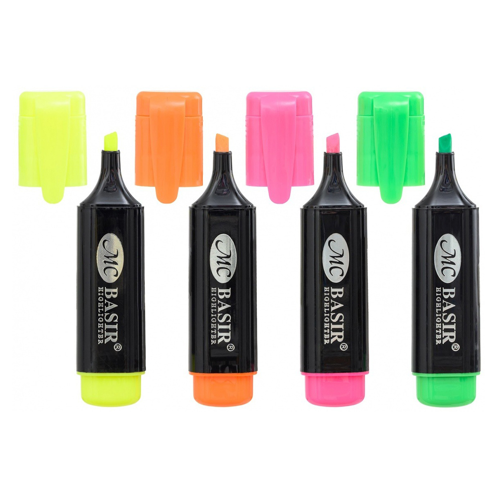 Маркер текстовыделитель Basir, в черном корпусе, 13 см, разноцветные, набор 4 шт