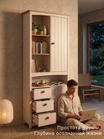 Шкаф пенал, 62х30х185, Паула, с полками, с дверками и ящиками, для ванной, для кухни, из массива дерева, белый/черри, Dipriz