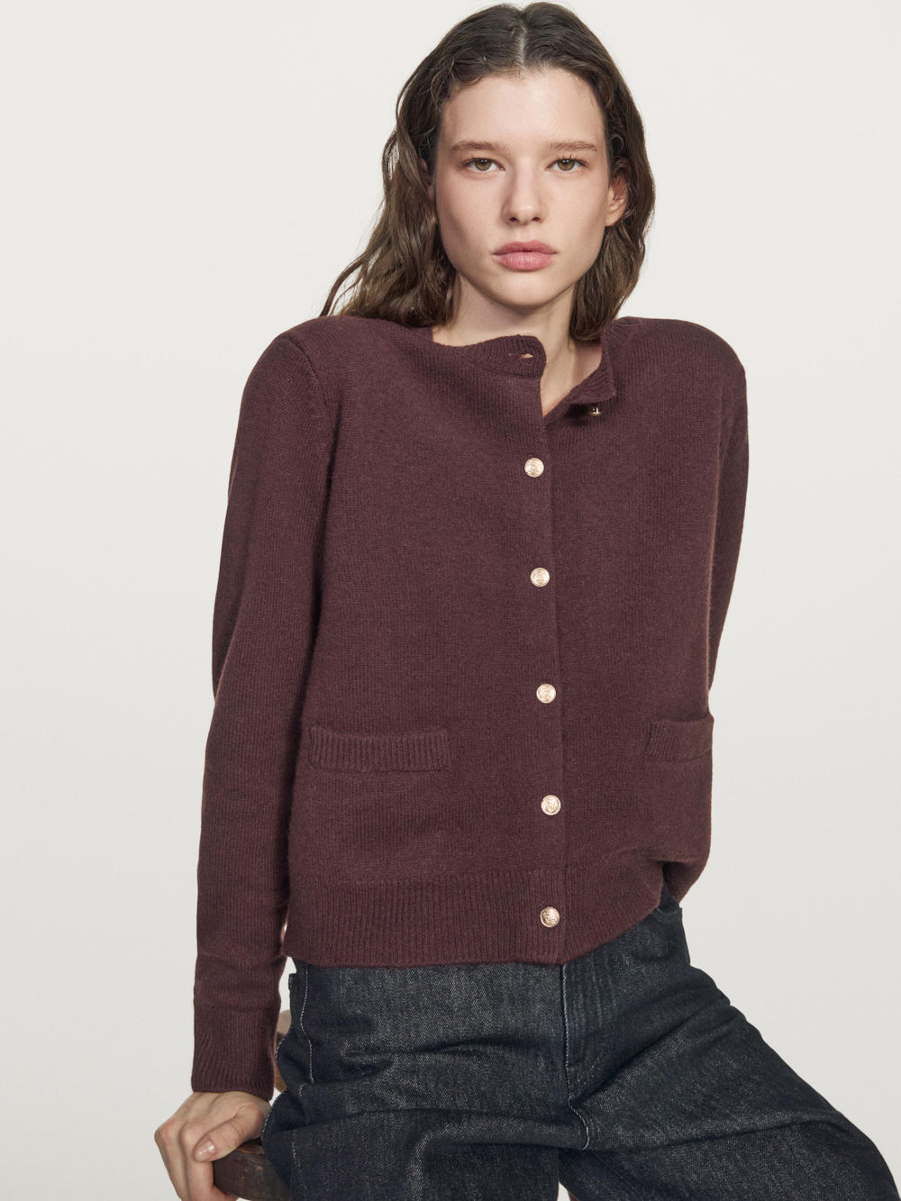 Massimo Dutti Кардиган из трикотажа с золотистыми пуговицами, гранатовый