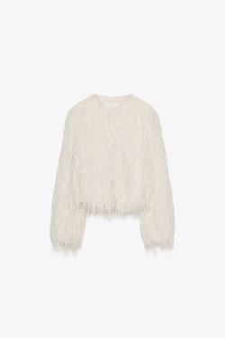 ZARA КУРТКА С БАХРОМОЙ, ПЕРЬЯМИ И МЕТАЛЛИЗИРОВАННОЙ НИТЬЮ, ЭКРЮ