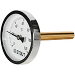 Термометр биметаллический аксиальный STOUT- 1/2" (D63 мм, шкала 0-120°C, с гильзой 75 мм)