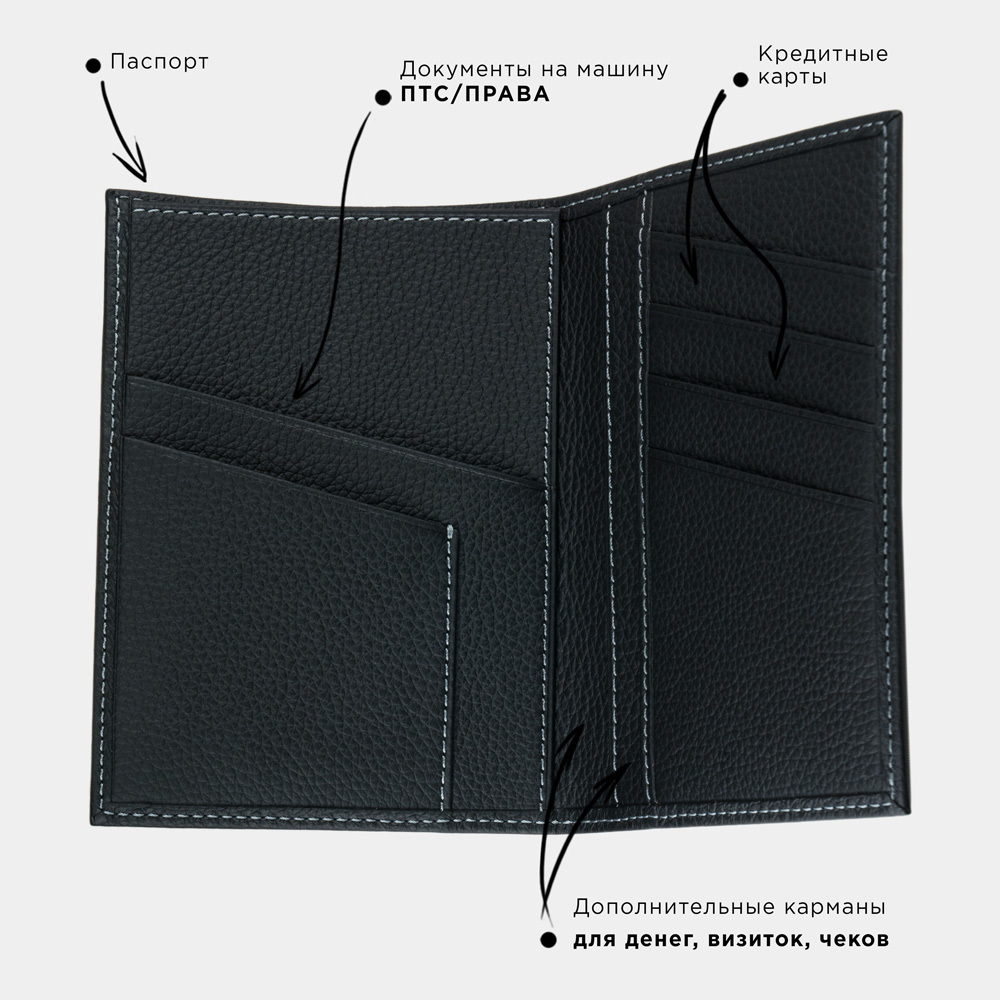 Кожаная обложка для паспорта и автодокументов, теленок черного цвета