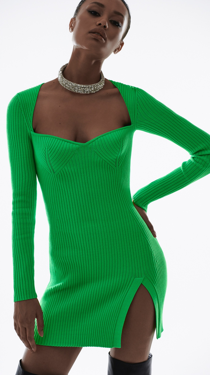 Платье декольте мини в рубчик с рукавами зеленый неон