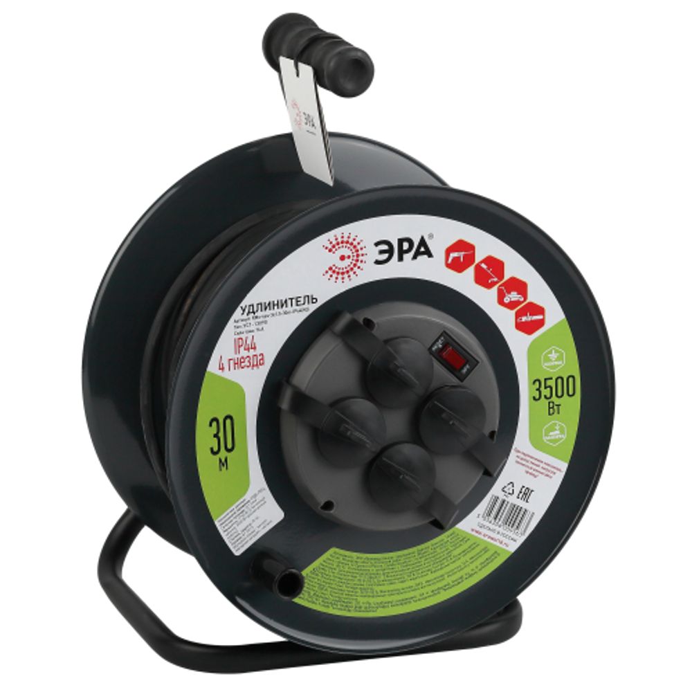 Удлинитель силовой ЭРА RMx-4es-3x1.5-30m-IP44(KG) на металлической катушке c заземлением 4 розетки 30м КГ 3х1.5мм2 | Силовые удлинители