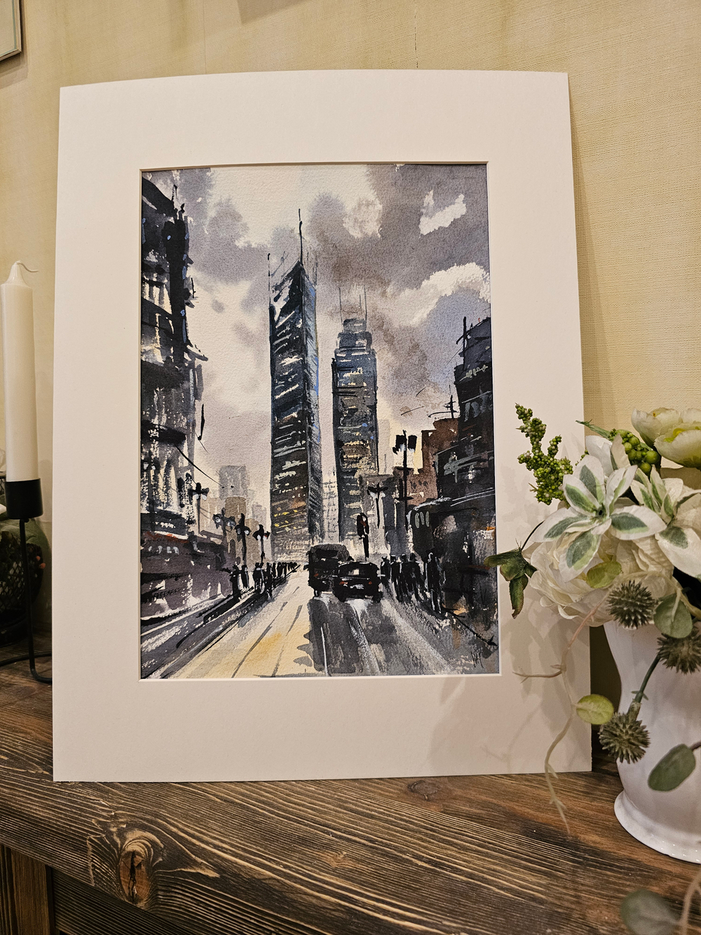 Картина авторская акварельная в паспарту 30х40 см на стену для интерьера "Урбанистический пейзаж"
