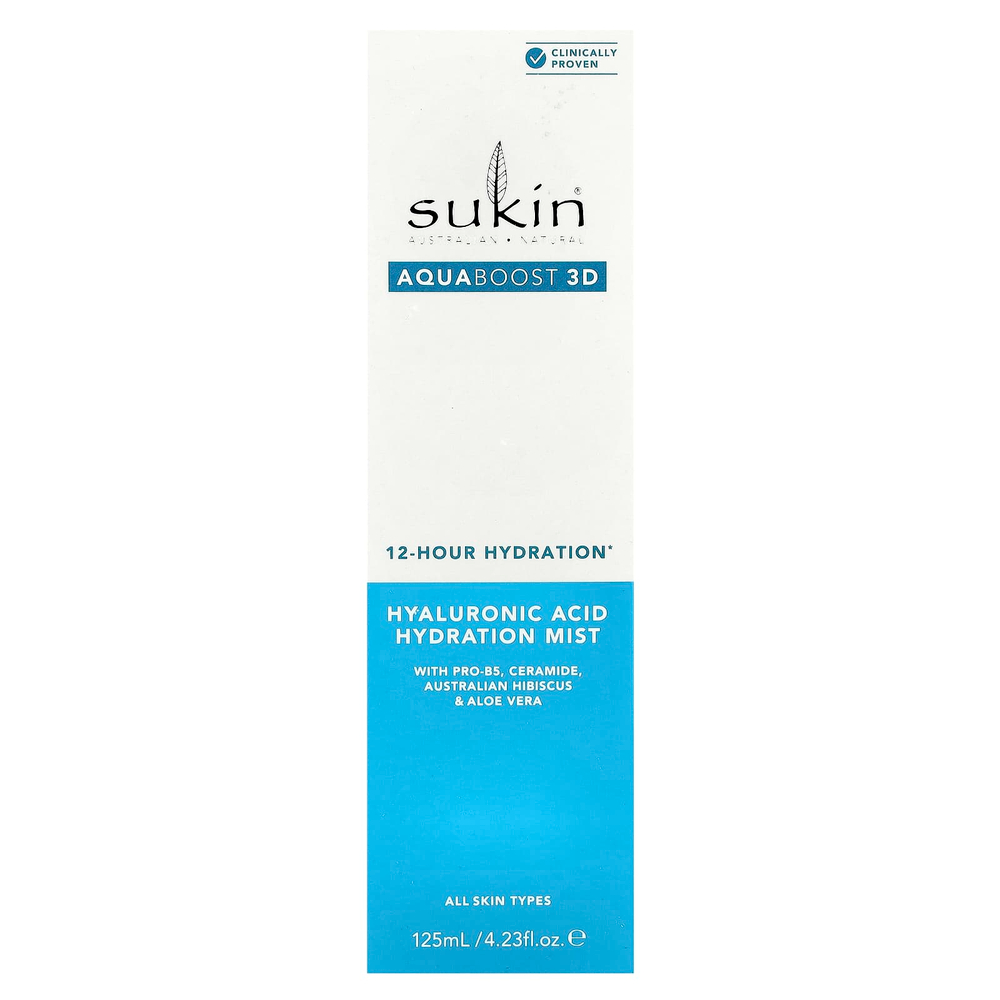 Sukin, AquaBoost 3D, увлажняющий спрей с гиалуроновой кислотой, для всех типов кожи, 125 мл (4,23 жидк. Унции)
