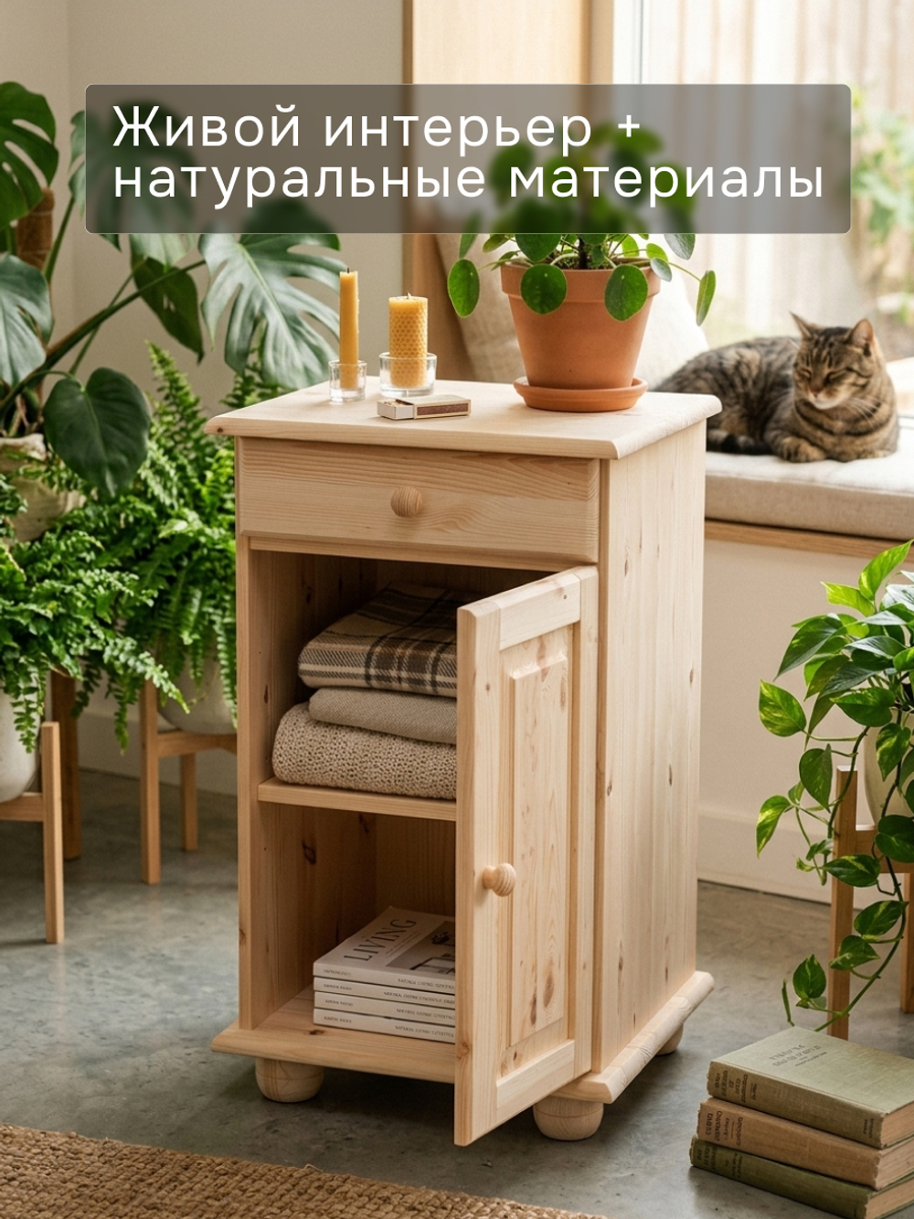 Тумба Лена 48×39×81 см, однодверная, с ящиком, буфет для кухни, массив сосны