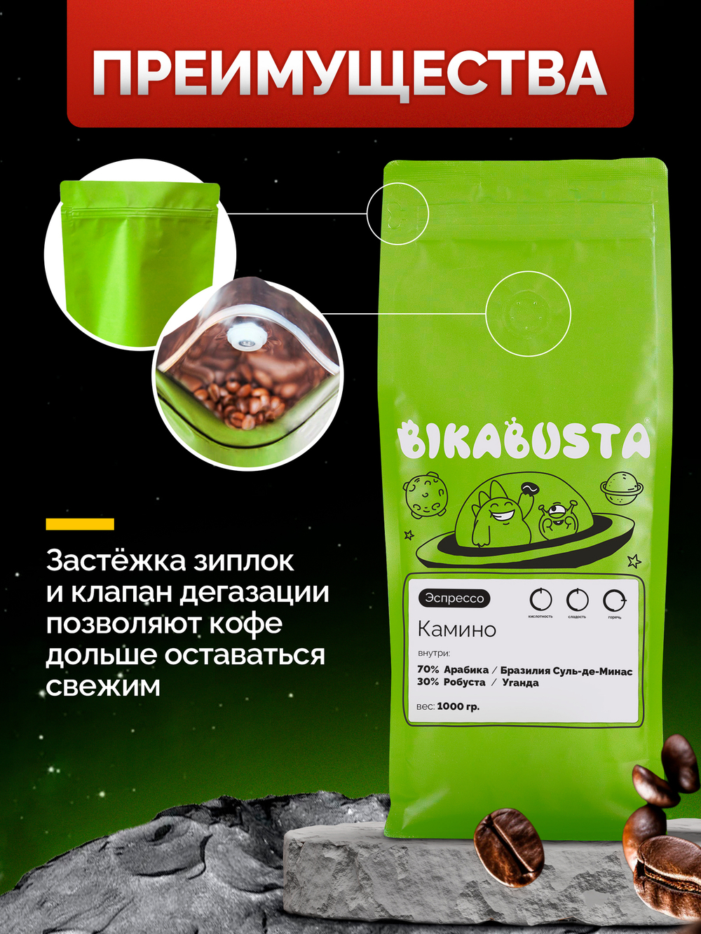 Кофе в зернах BIKABUSTA Арабика 70% / Робуста 30%, 1 кг.
