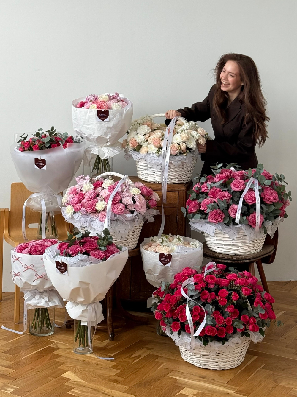 Цветочная корзина в кремовых оттенках размер XL