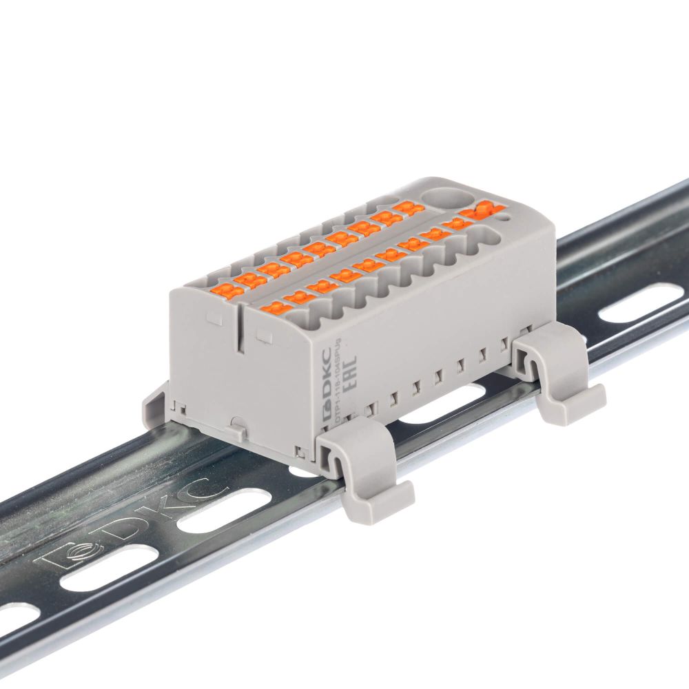 Блок распределительный с гориз. адаптером на рейку шириной 35мм, зажим push-in, 1 ввод 6 кв.мм, 18 точек подключения 2,5 кв.мм, красный