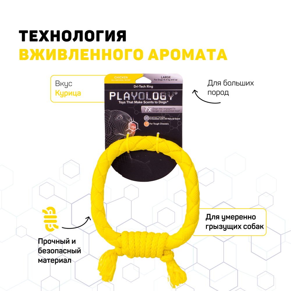 Playology  жевательное кольцо-канат DRI-TECH RING для собак средних и крупных пород с ароматом курицы, цвет желтый