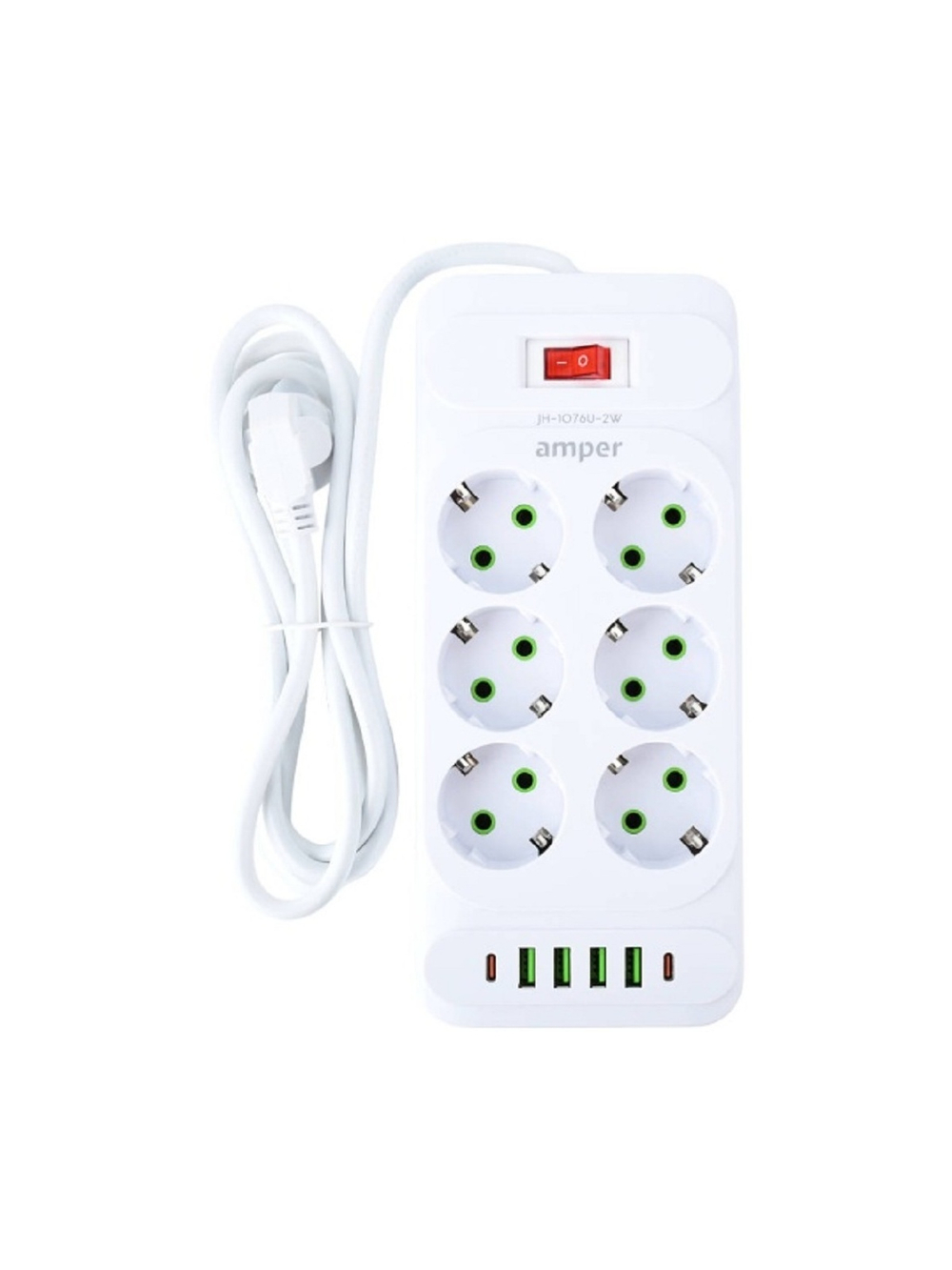 Amper сетевой удлинитель, 2,0м, 6 розеток, 10А, 2500 Вт, 4usb,2Type-C, белый. [JH-1076U-2W]
