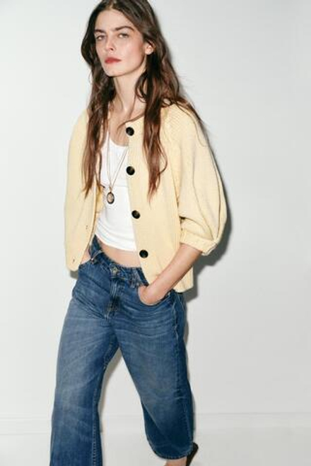 ZARA КАРДИГАН С ОБЪЕМНЫМИ РУКАВАМИ, ЯИЧНО-ЖЕЛТЫЙ